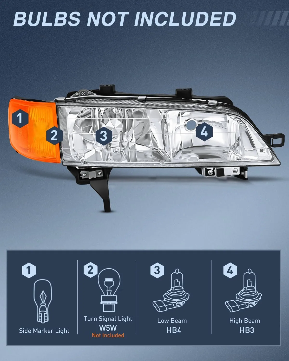 1994-1997 Honda Accord Headlight Assembly Chrome Housing Amber Reflector Clear Lens