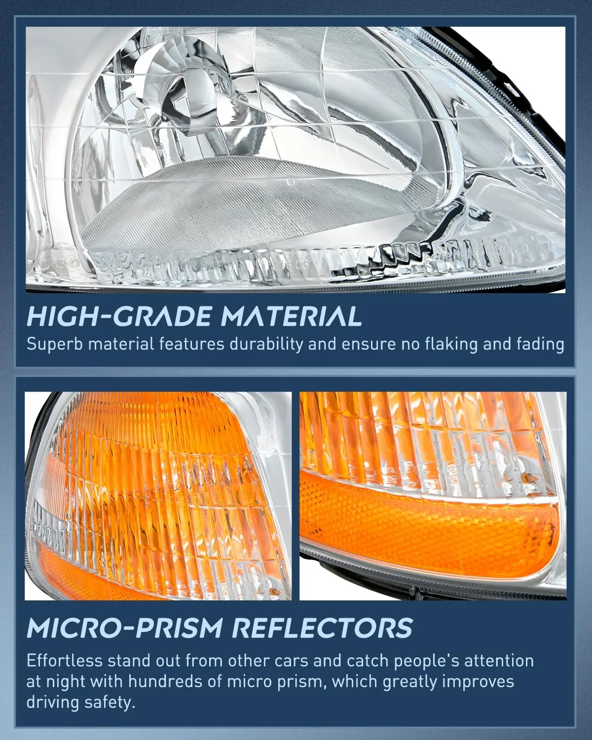 1996-1998 Honda Civic Headlight Assembly Chrome Case Amber Reflector Clear Lens