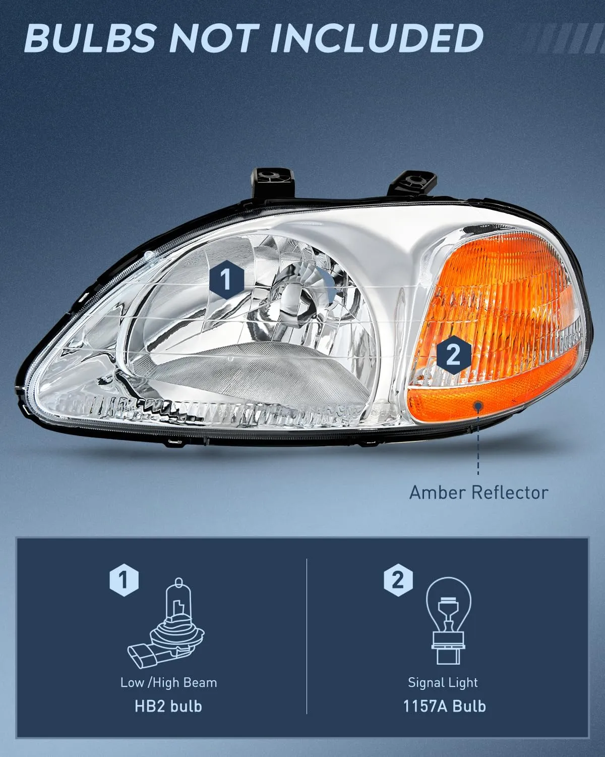 1996-1998 Honda Civic Headlight Assembly Chrome Case Amber Reflector Clear Lens