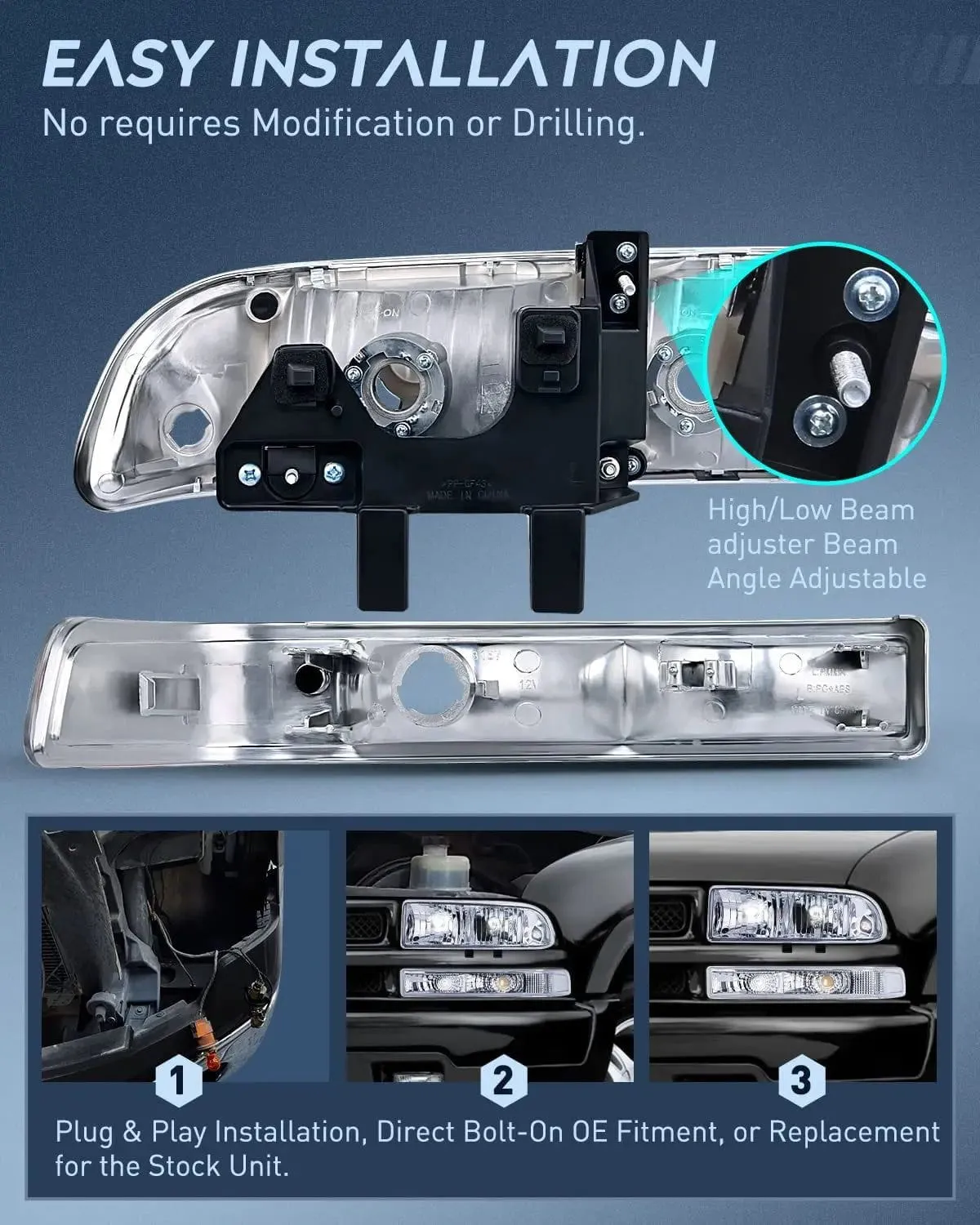 1998-2005 Chevy Blazer S10 Headlight Assembly Chrome Case Clear Reflector