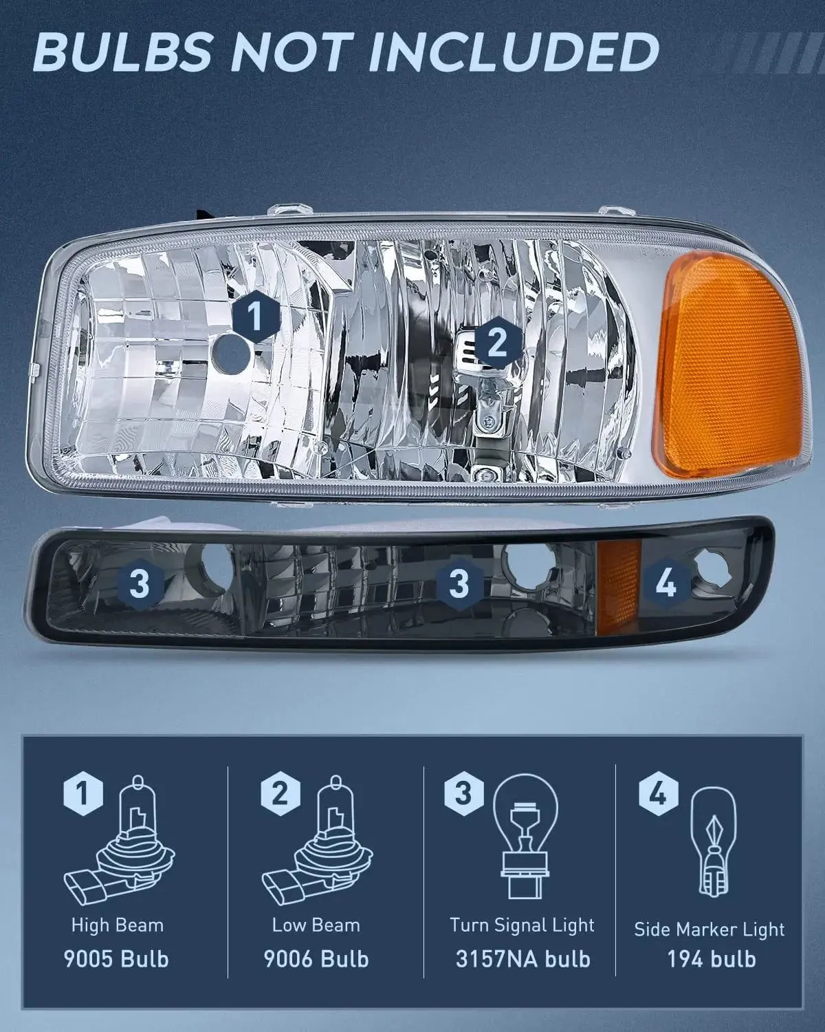 1999-2006 GMC Sierra Yukon Headlight Assembly Chrome Case Amber Reflector Smoke Lens