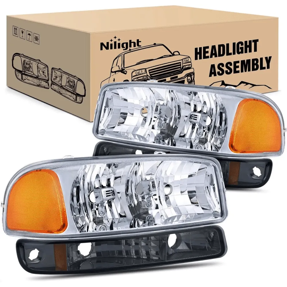 1999-2006 GMC Sierra Yukon Headlight Assembly Chrome Case Amber Reflector Smoke Lens