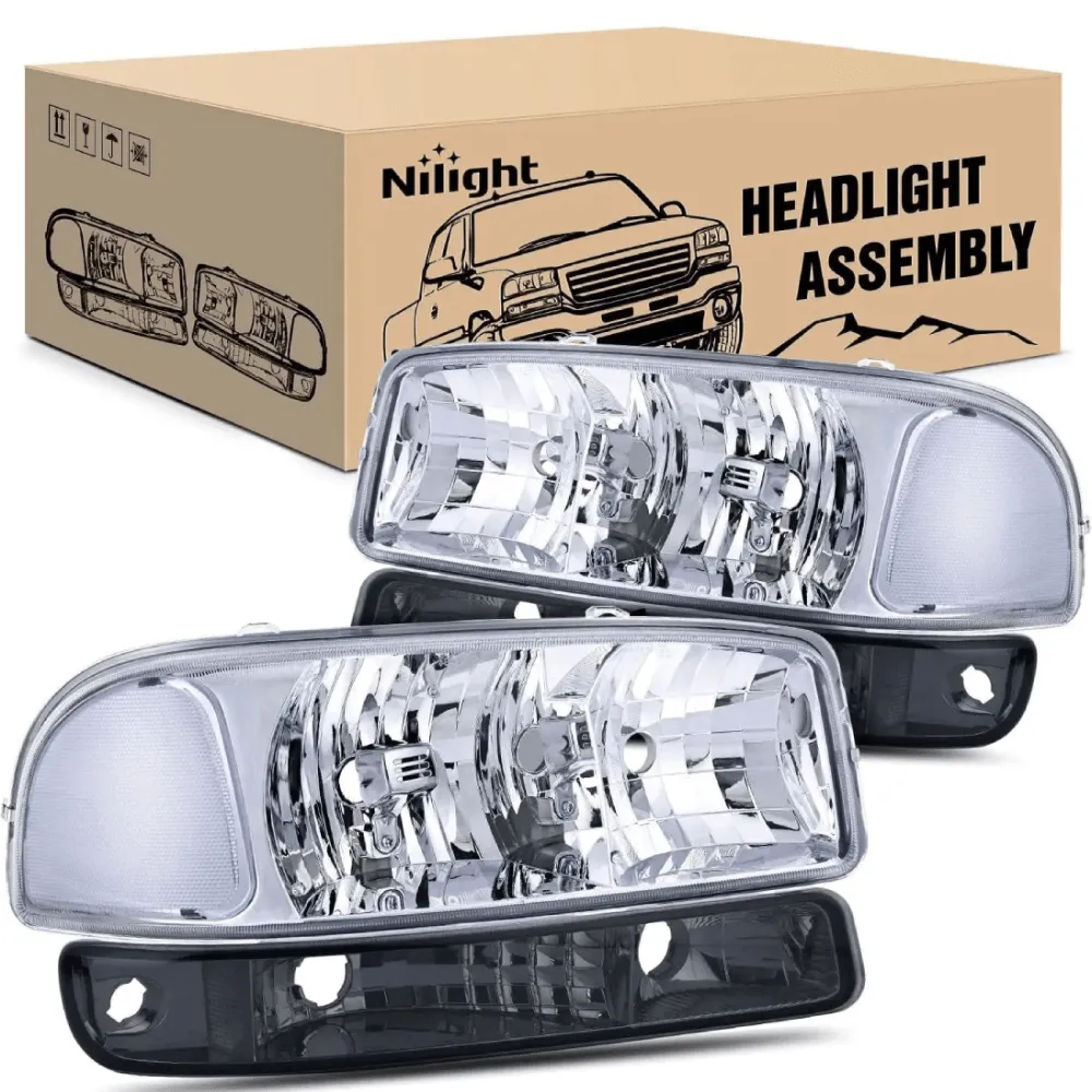 1999-2006 GMC Sierra Yukon Headlight Assembly Chrome Case Clear Reflector Smoke Lens