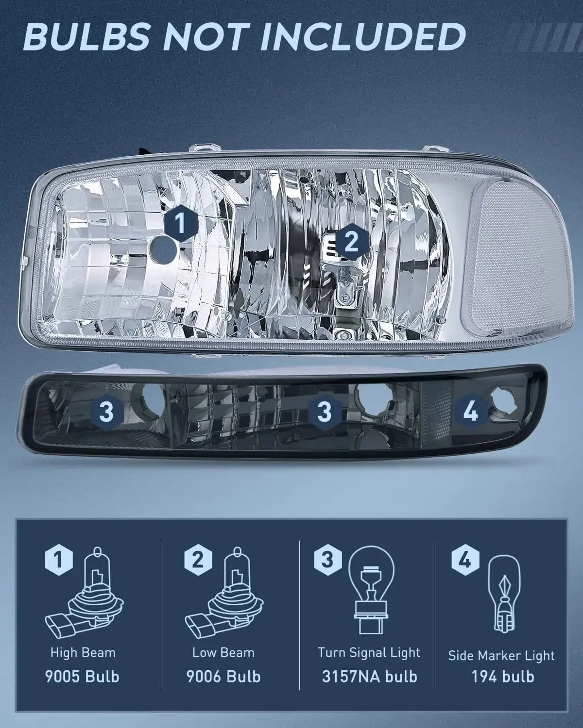1999-2006 GMC Sierra Yukon Headlight Assembly Chrome Case Clear Reflector Smoke Lens