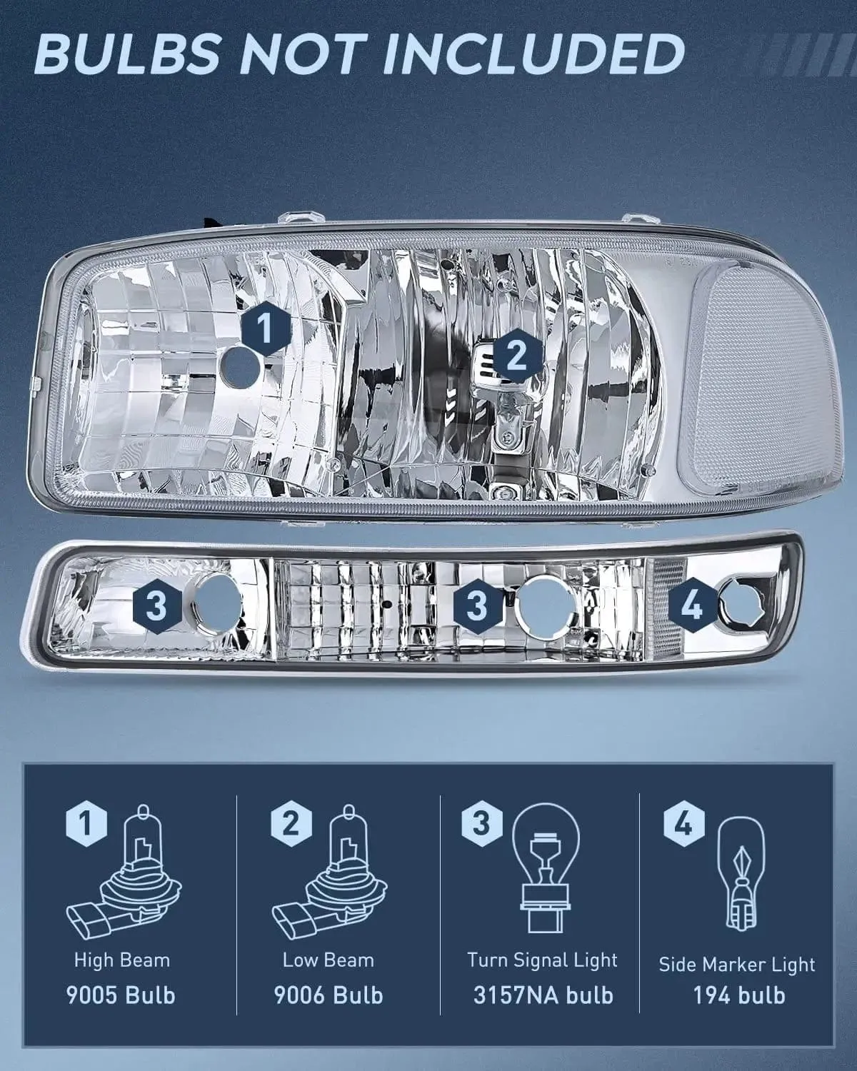 1999-2006 GMC Sierra Yukon Headlight Assembly Chrome Case Clear Reflector