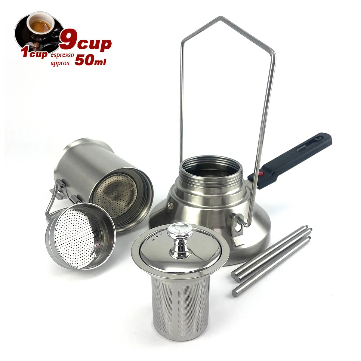 2-in-1 Camping Stainless Steel 9-Cup Moka Coffee Maker | Italian Espresso Kettle | 2024 Model