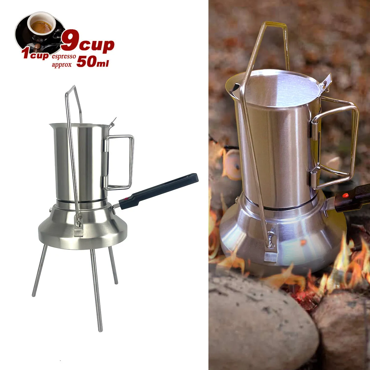 2-in-1 Camping Stainless Steel 9-Cup Moka Coffee Maker | Italian Espresso Kettle | 2024 Model