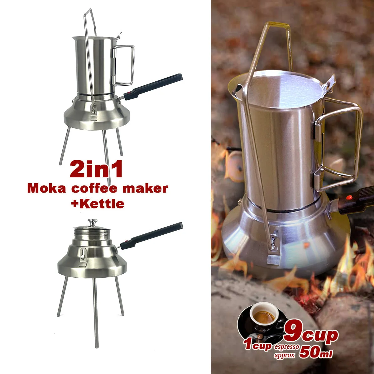 2-in-1 Camping Stainless Steel 9-Cup Moka Coffee Maker | Italian Espresso Kettle | 2024 Model