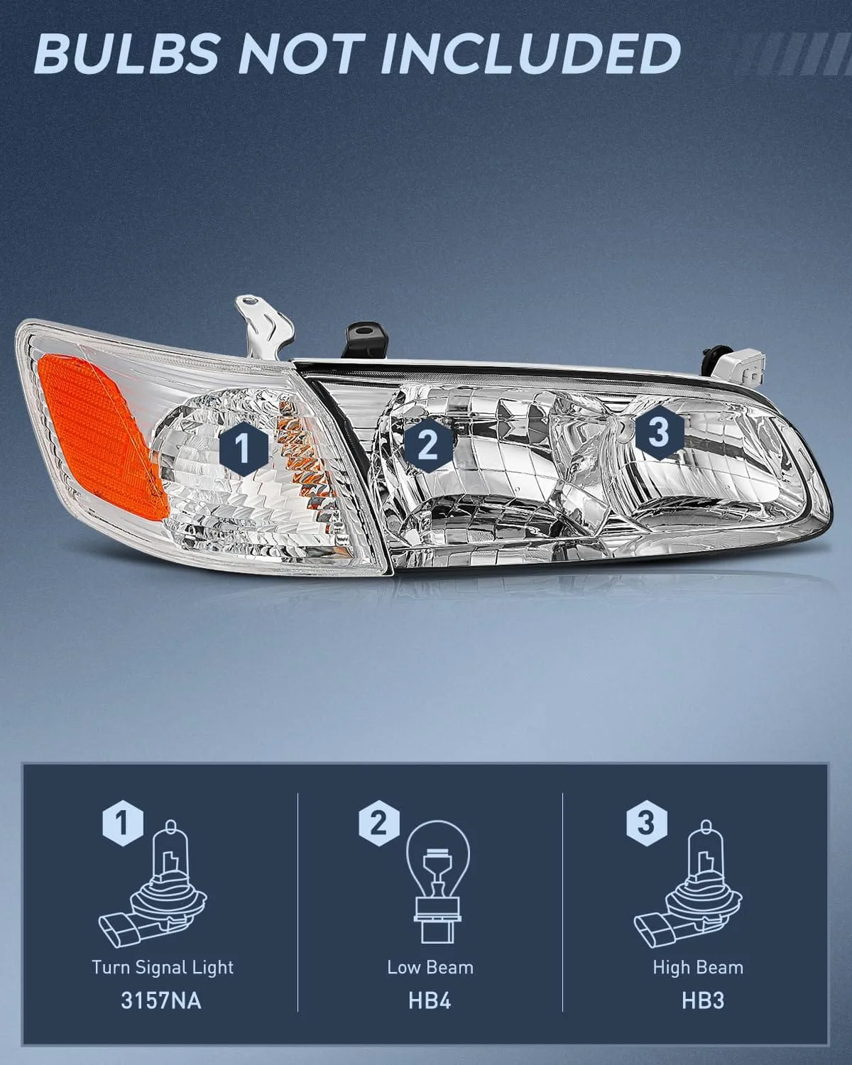 2000 2001 Toyota Camry Headlight Assembly Chrome Housing Amber Reflector