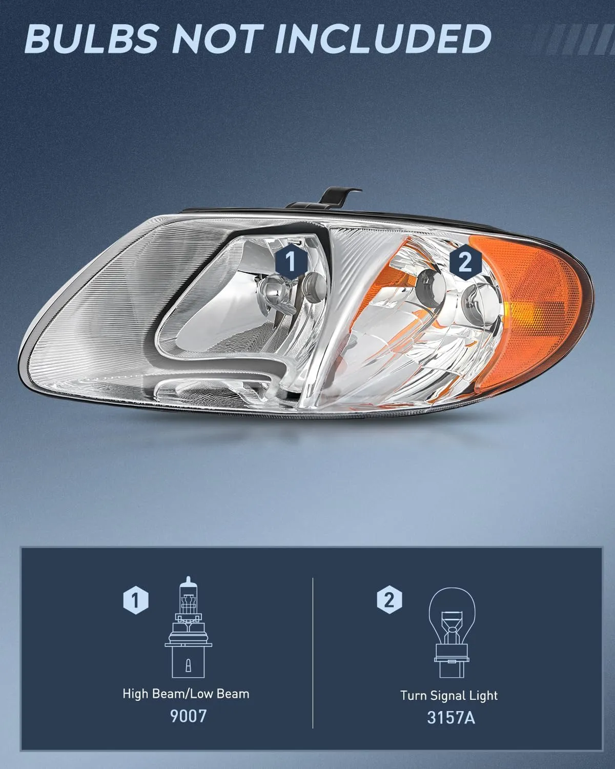 2001-2007 Chrysler Town & Country 2001-2003 Voyager 2001-2007 Dodge Grand Caravan Headlight Assembly Chrome Case Amber Reflector