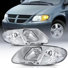 2001-2007 Chrysler Town & Country 2001-2003 Voyager 2001-2007 Dodge Grand Caravan Headlight Assembly Chrome Case Clear Reflector