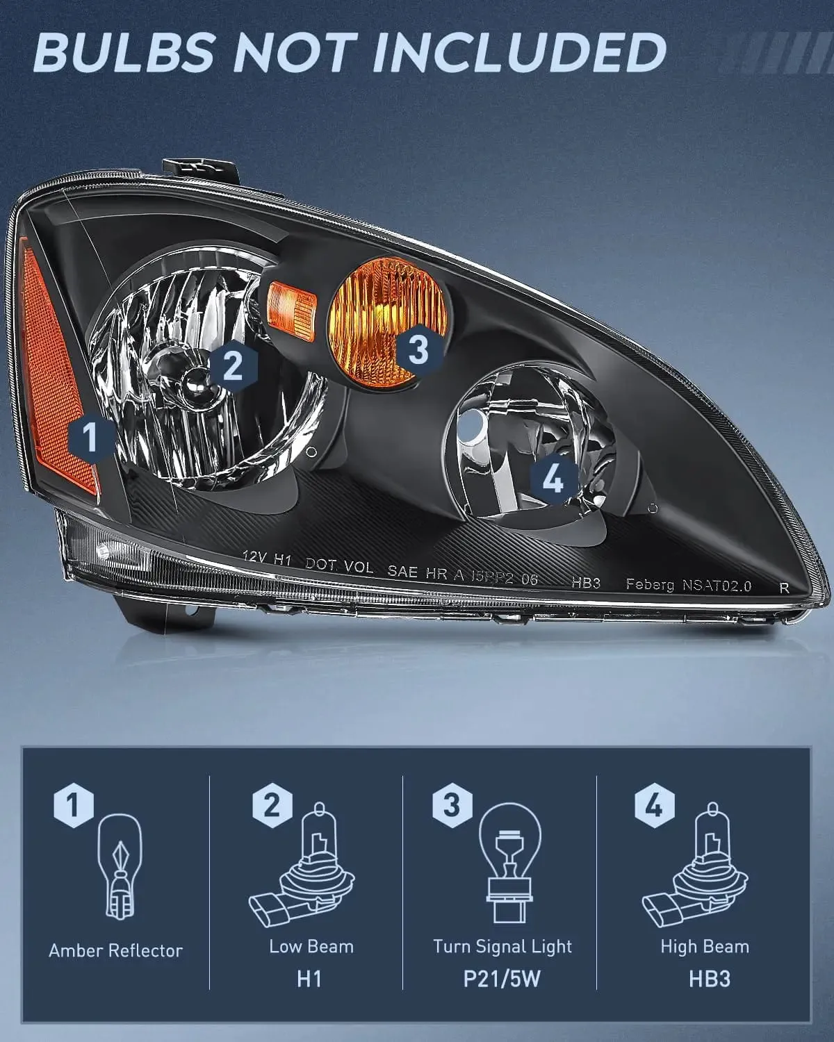 2002-2004 Nissan Altima Headlight Assembly Black Housing Amber Reflector Clear Lens