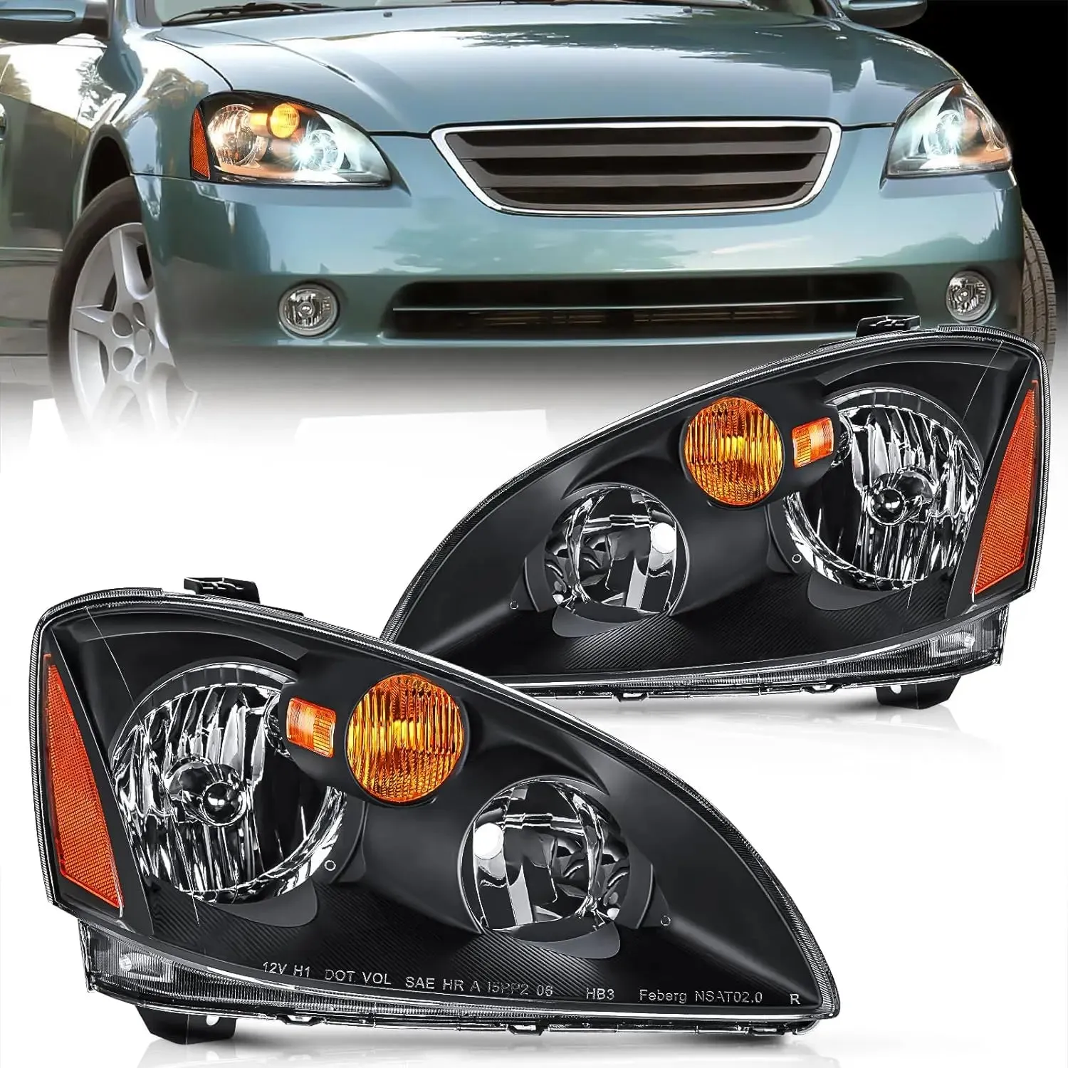 2002-2004 Nissan Altima Headlight Assembly Black Housing Amber Reflector Clear Lens