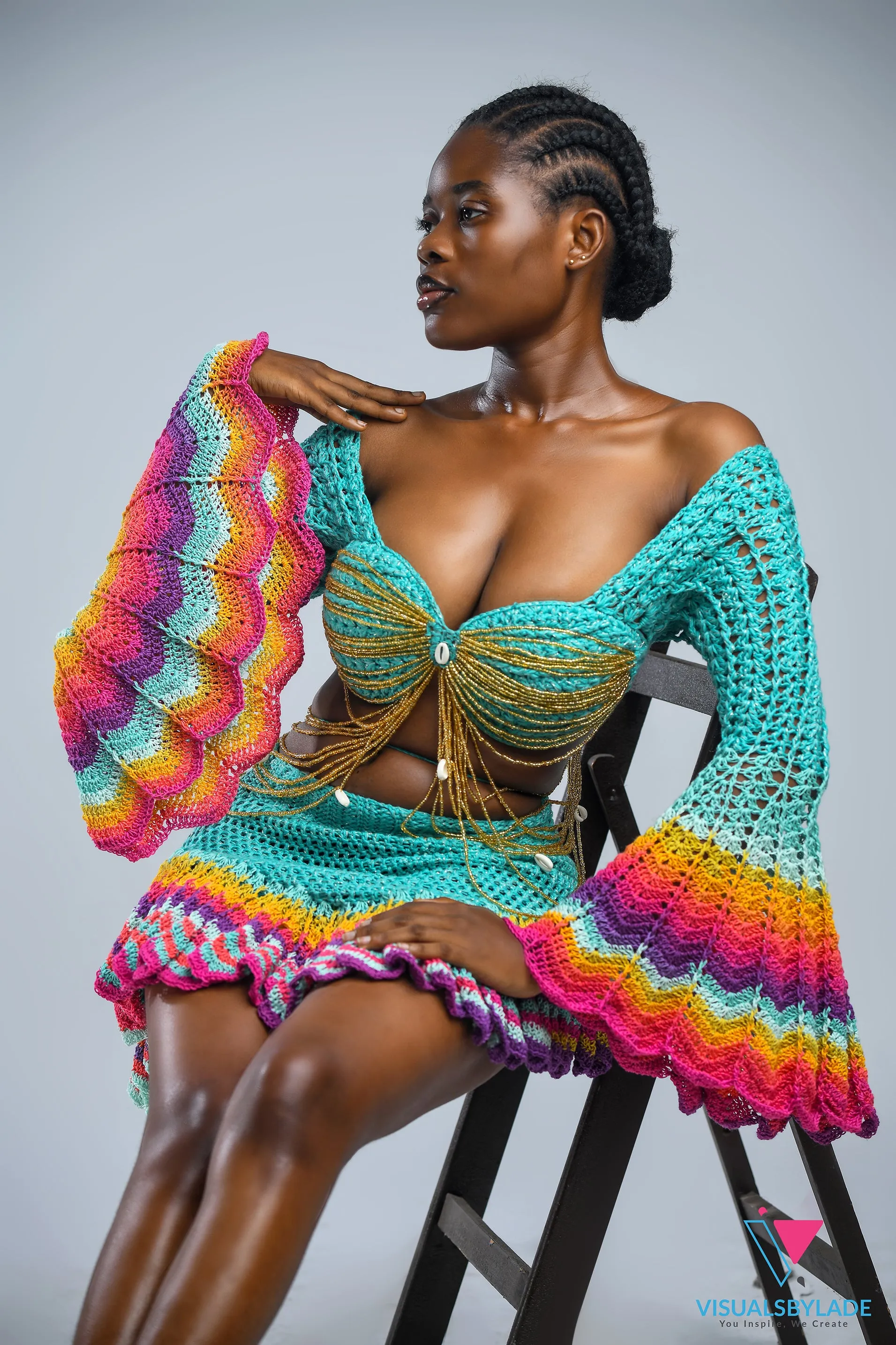 Aqua 'Damilola' beaded crochet set  (Top and Skort only)