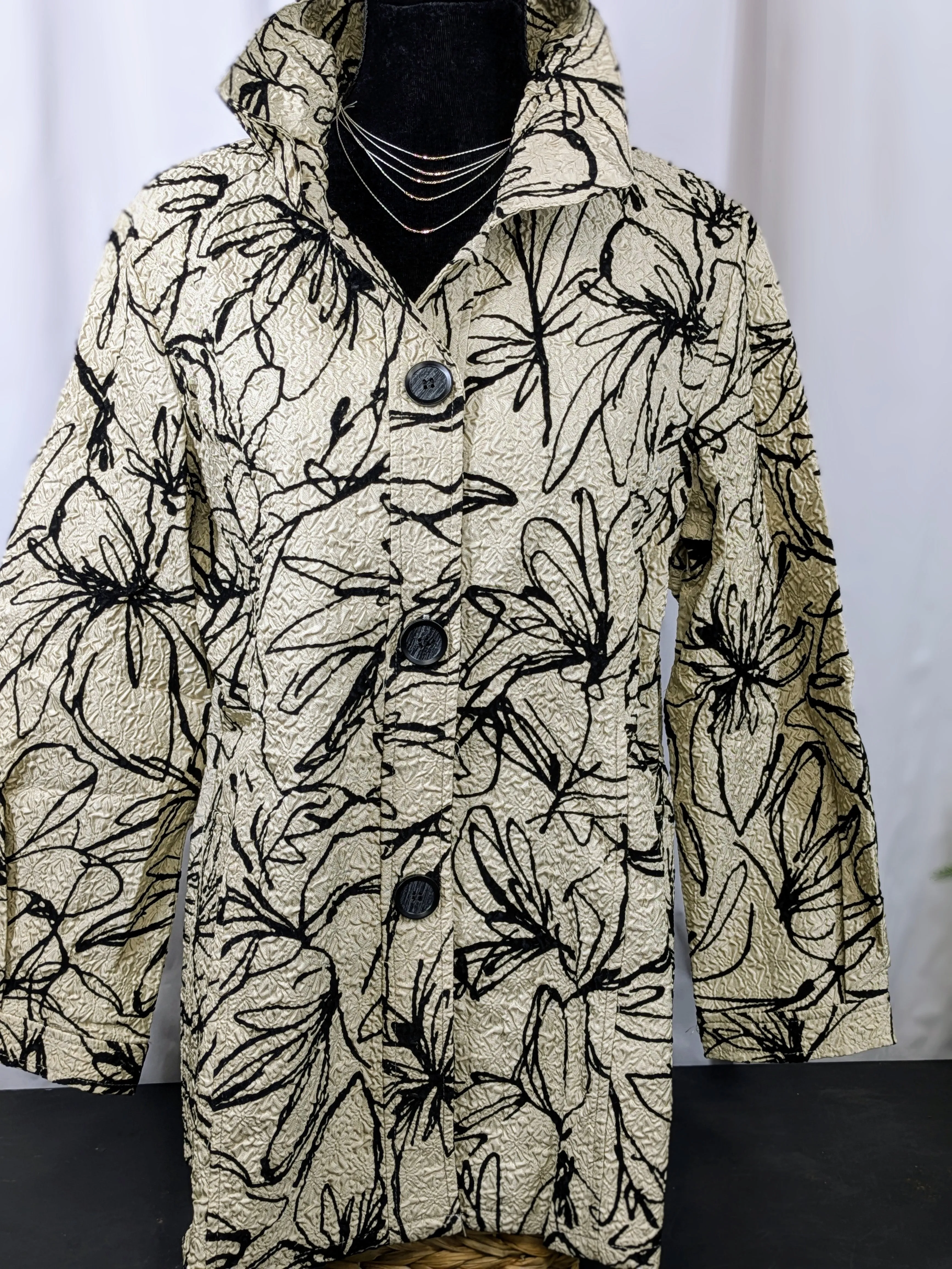 Beige with Black Design Creation Brand Crushed Textured Jacket Woman's