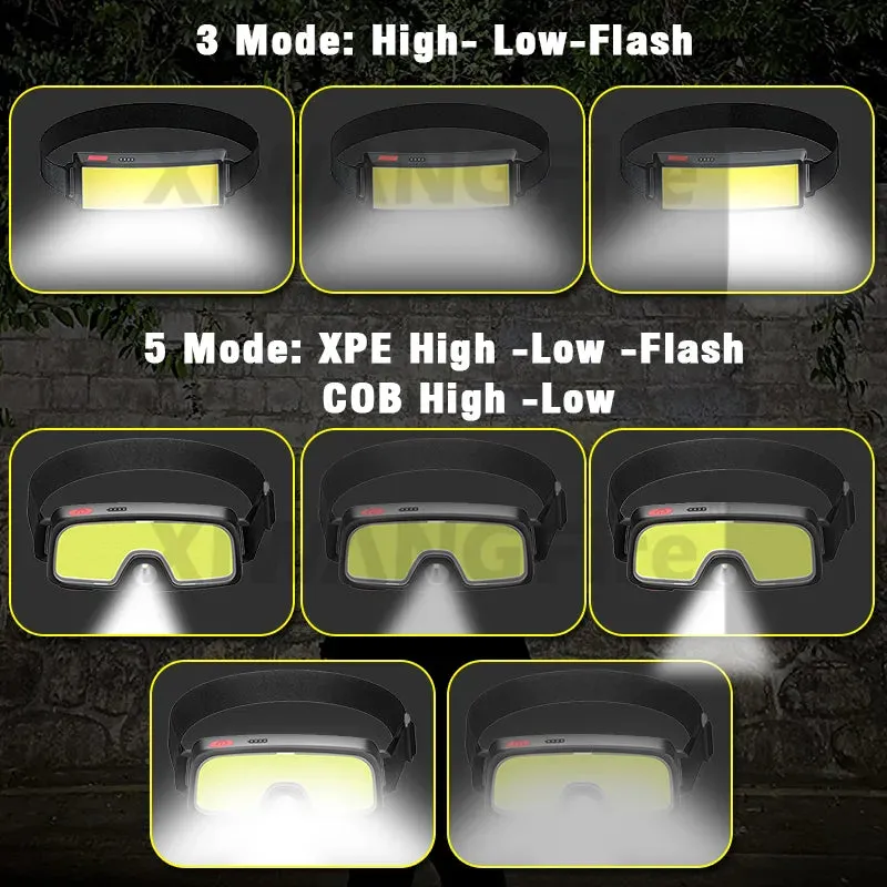COB LED Headlight Built-in Battery Flashlight USB Rechargeable Head Lamp Torch Head Light Best Modes for Camping Fishing