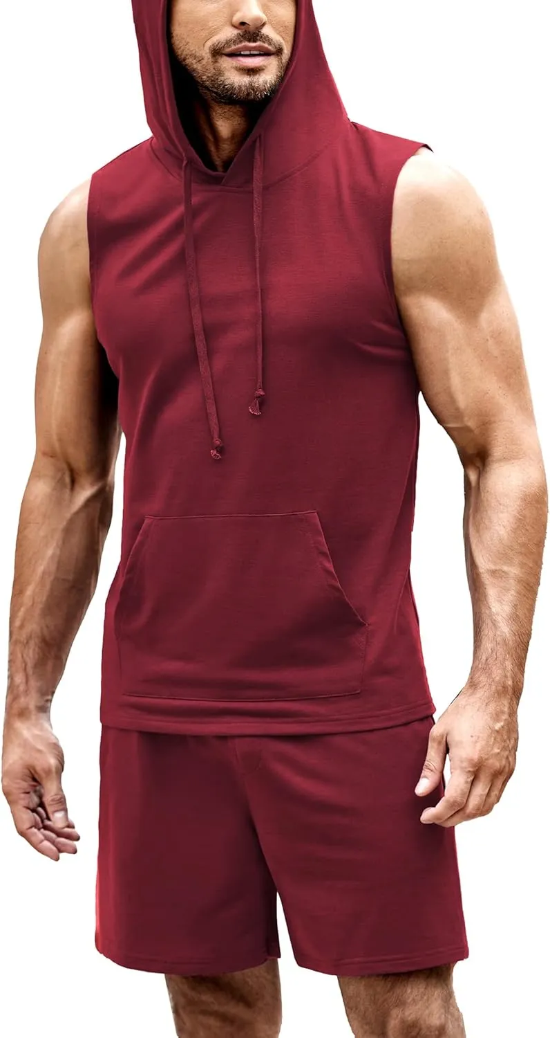 COOFANDY Mens Sleeveless Workout Hoodie Shorts Set 2 Piece Outfits Hooded Tank Tops Gym Tracksuit Sweatsuits
