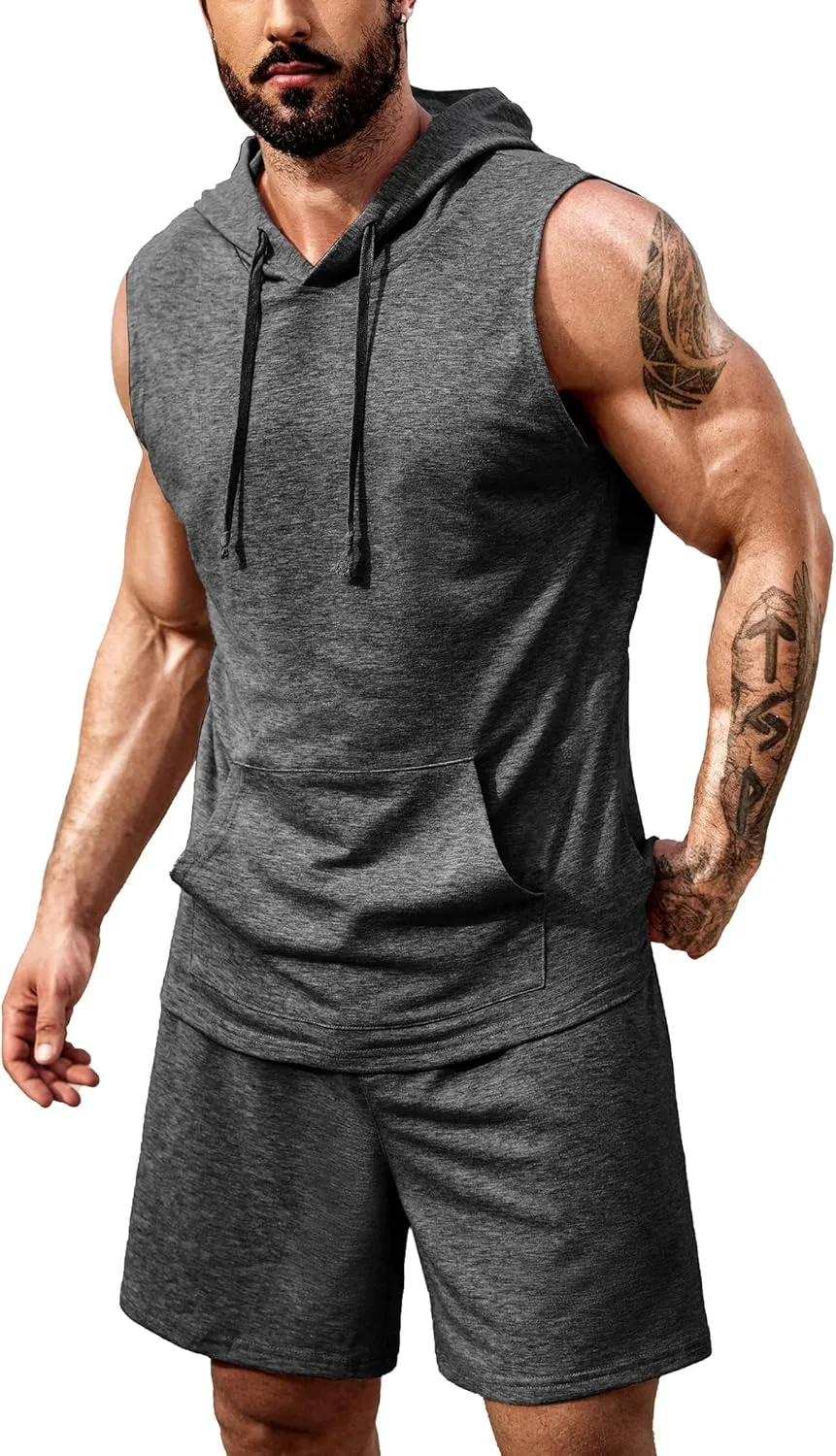 COOFANDY Mens Sleeveless Workout Hoodie Shorts Set 2 Piece Outfits Hooded Tank Tops Gym Tracksuit Sweatsuits