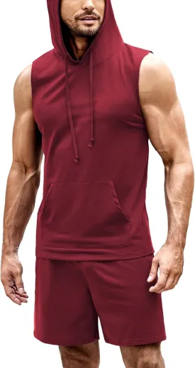 COOFANDY Mens Sleeveless Workout Hoodie Shorts Set 2 Piece Outfits Hooded Tank Tops Gym Tracksuit Sweatsuits