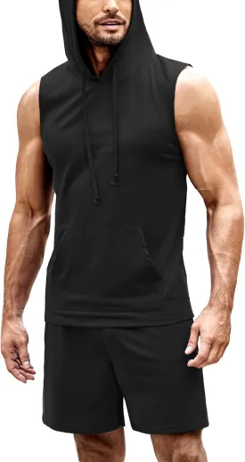 COOFANDY Mens Sleeveless Workout Hoodie Shorts Set 2 Piece Outfits Hooded Tank Tops Gym Tracksuit Sweatsuits
