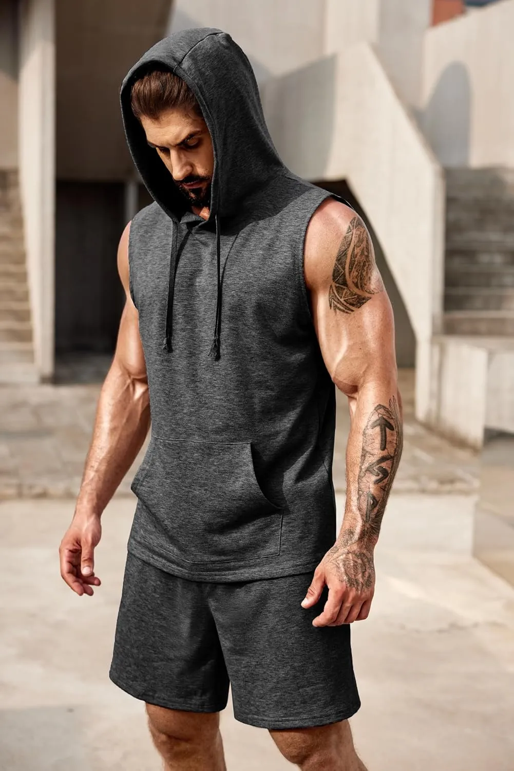 COOFANDY Mens Sleeveless Workout Hoodie Shorts Set 2 Piece Outfits Hooded Tank Tops Gym Tracksuit Sweatsuits