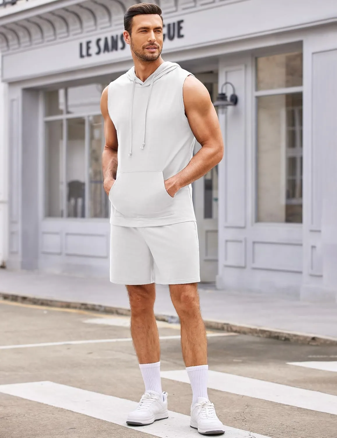 COOFANDY Mens Sleeveless Workout Hoodie Shorts Set 2 Piece Outfits Hooded Tank Tops Gym Tracksuit Sweatsuits