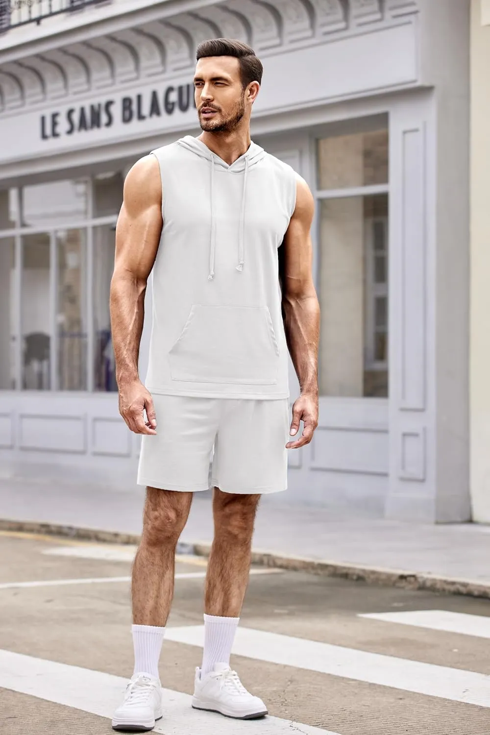 COOFANDY Mens Sleeveless Workout Hoodie Shorts Set 2 Piece Outfits Hooded Tank Tops Gym Tracksuit Sweatsuits