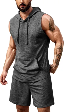 COOFANDY Mens Sleeveless Workout Hoodie Shorts Set 2 Piece Outfits Hooded Tank Tops Gym Tracksuit Sweatsuits