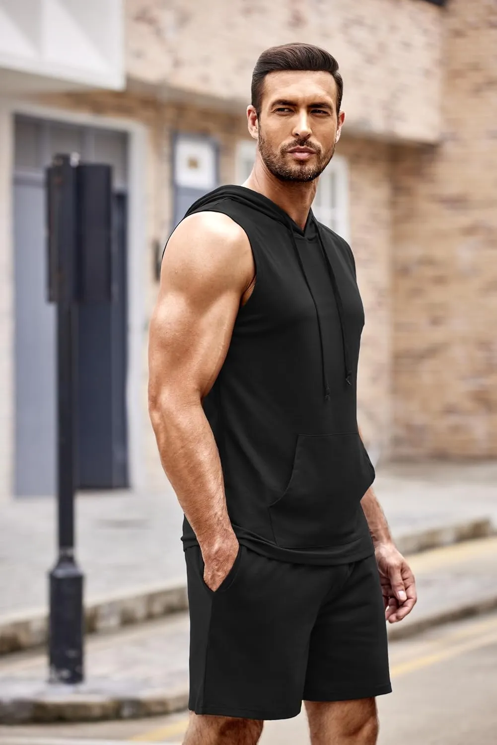 COOFANDY Mens Sleeveless Workout Hoodie Shorts Set 2 Piece Outfits Hooded Tank Tops Gym Tracksuit Sweatsuits