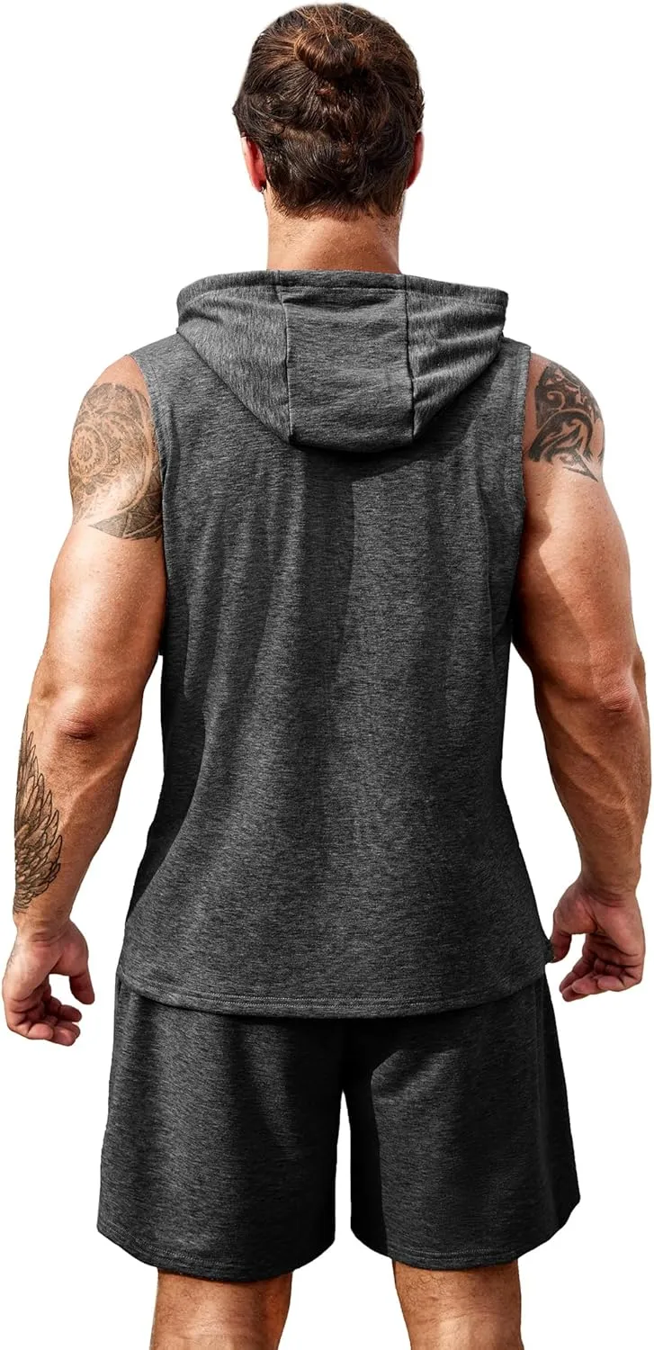 COOFANDY Mens Sleeveless Workout Hoodie Shorts Set 2 Piece Outfits Hooded Tank Tops Gym Tracksuit Sweatsuits