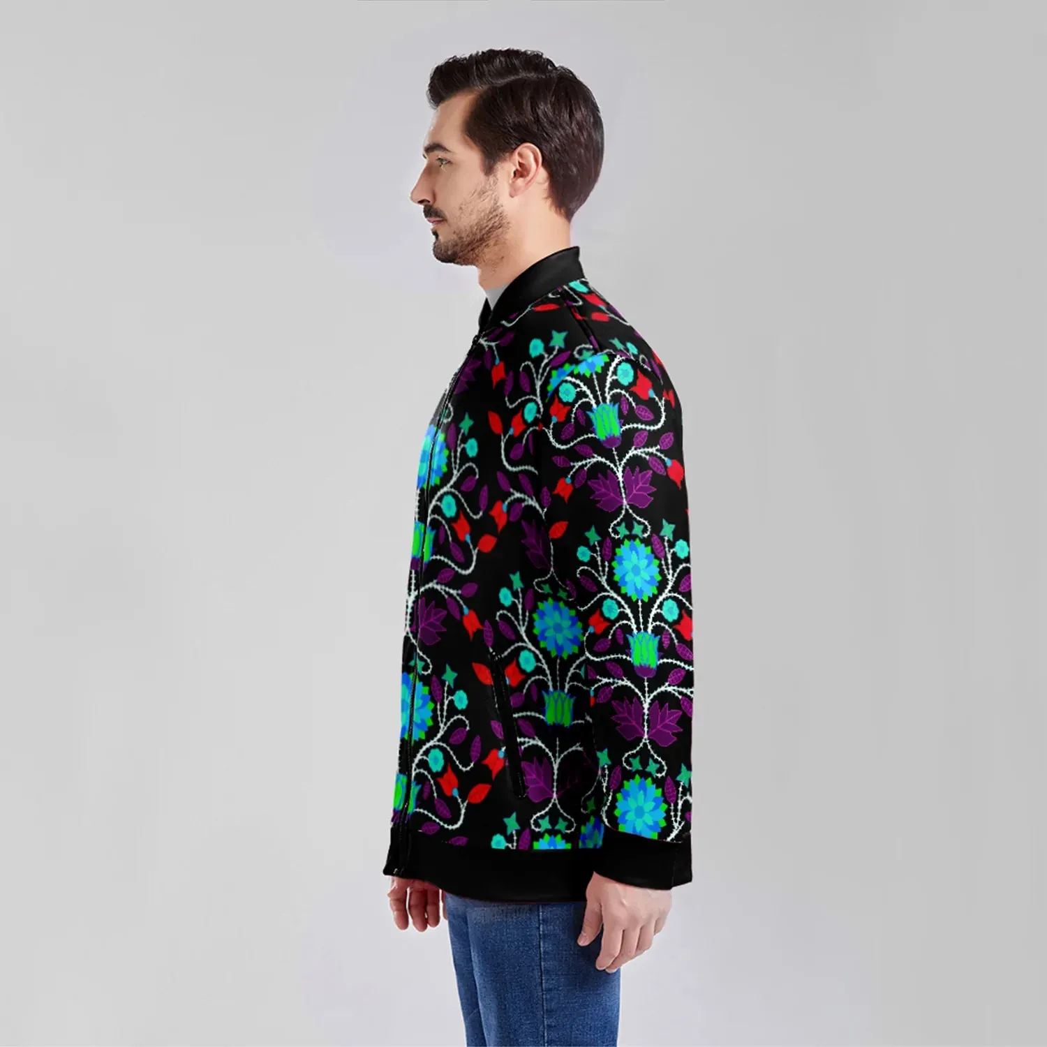 Floral Beadwork Four Clans Winter Zippered Collared Lightweight Jacket