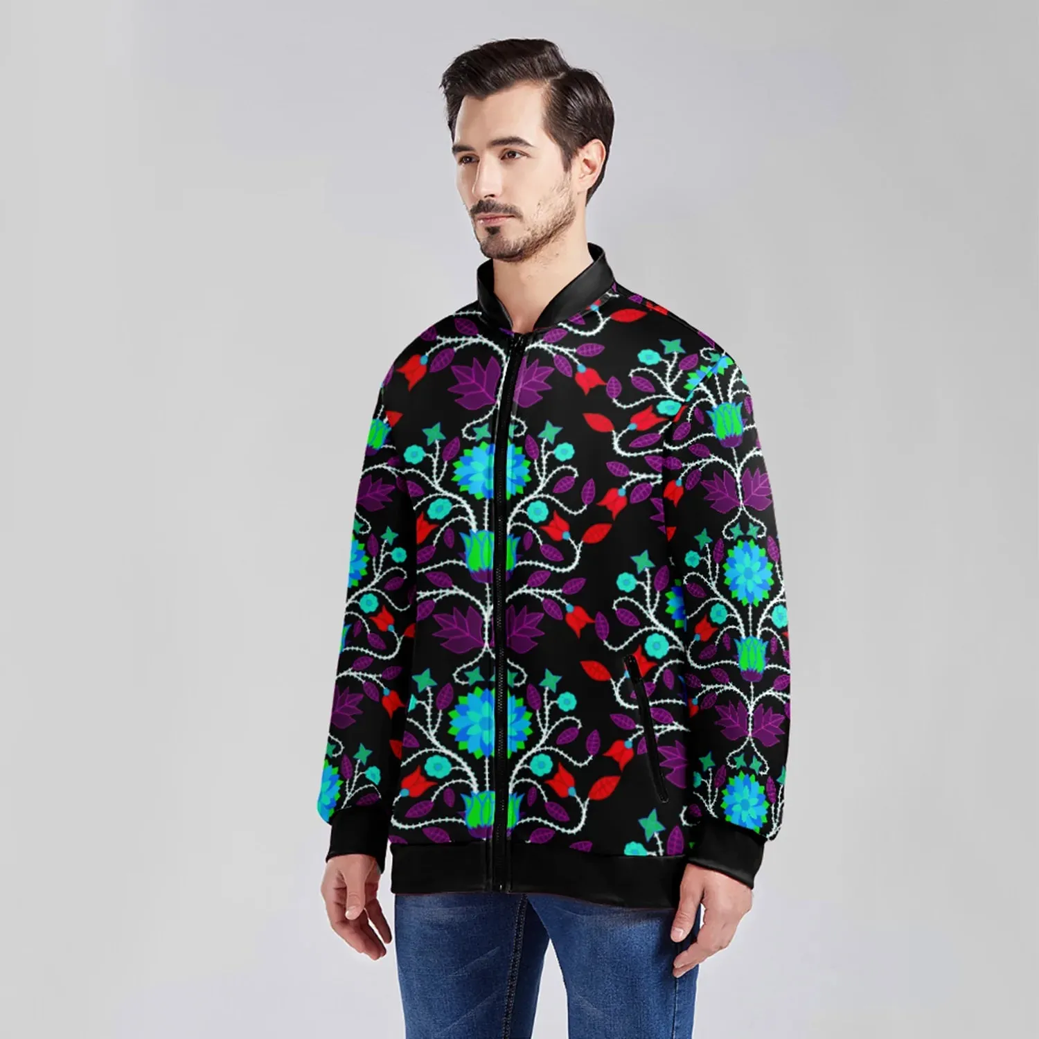 Floral Beadwork Four Clans Winter Zippered Collared Lightweight Jacket