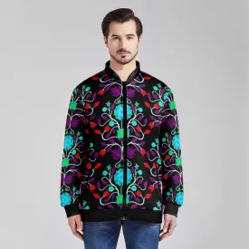 Floral Beadwork Four Clans Winter Zippered Collared Lightweight Jacket