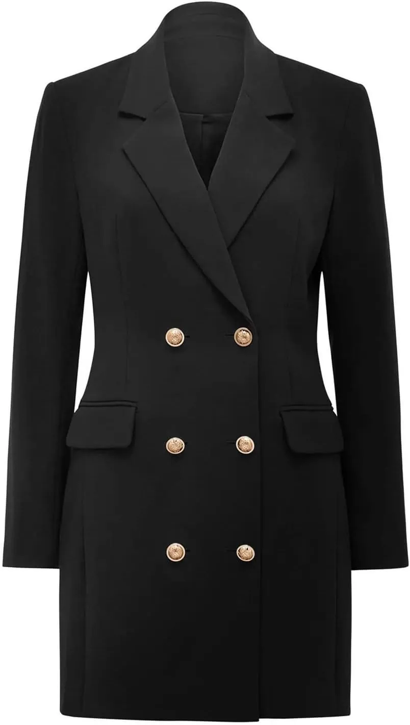 futurino Women Blazer Set Solid Color Long Sleeve Notch Lapel Double Breasted Button Blazer Dress with Pockets