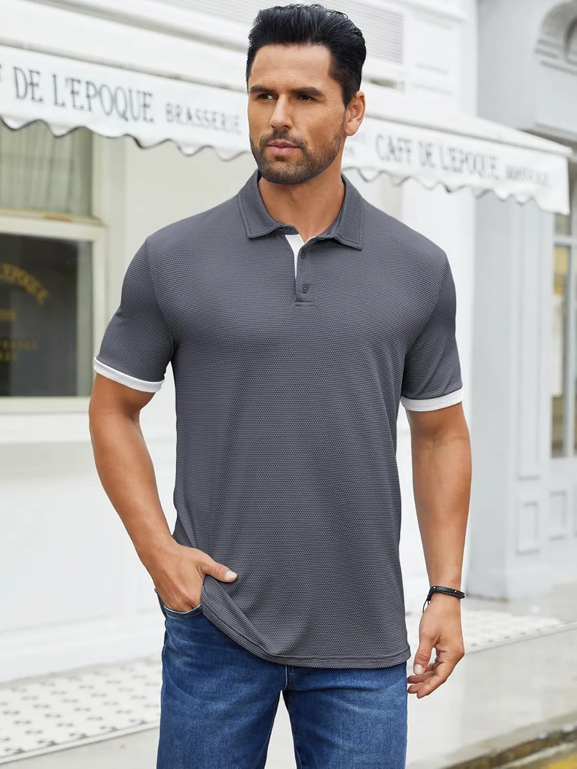 Hardaddy Men's Color Block Short Sleeve Polo Shirts Dry Fit Wrinkle Free Casual Lightweight Collared T-Shirts