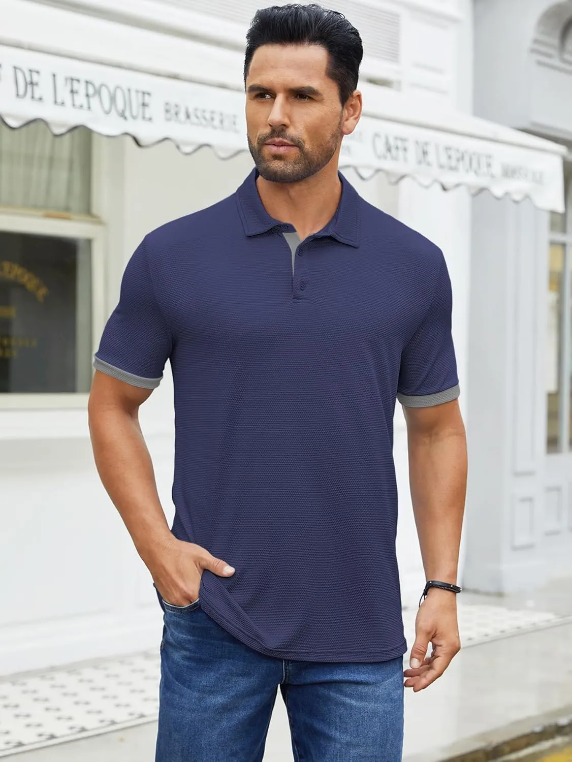 Hardaddy Men's Color Block Short Sleeve Polo Shirts Dry Fit Wrinkle Free Casual Lightweight Collared T-Shirts