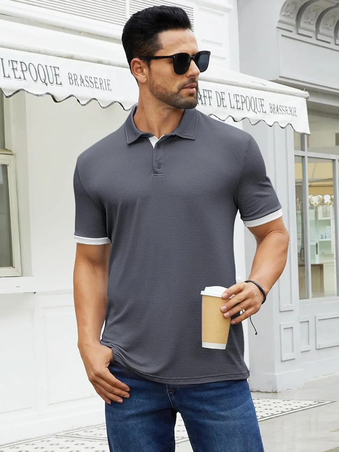 Hardaddy Men's Color Block Short Sleeve Polo Shirts Dry Fit Wrinkle Free Casual Lightweight Collared T-Shirts