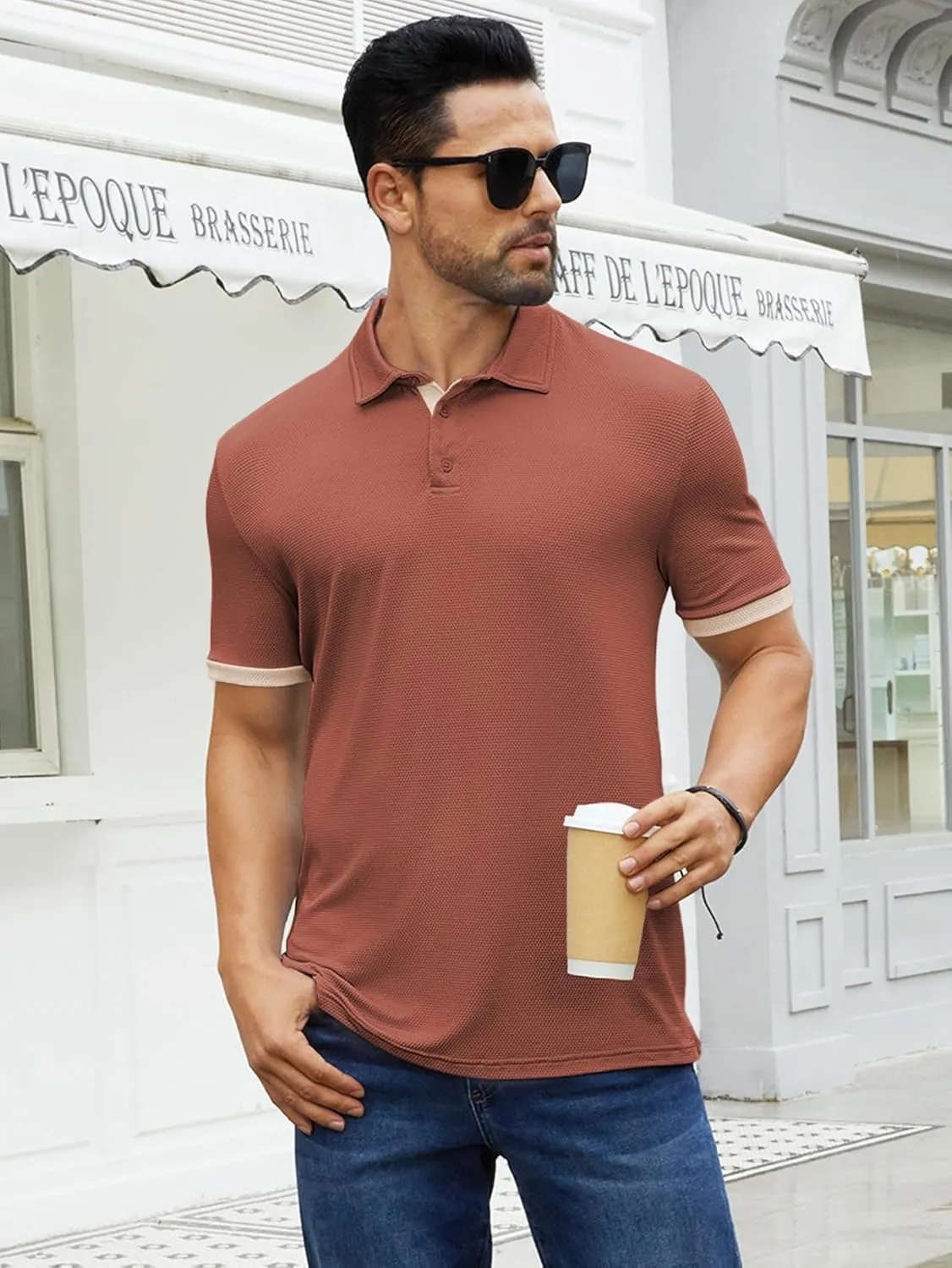 Hardaddy Men's Color Block Short Sleeve Polo Shirts Dry Fit Wrinkle Free Casual Lightweight Collared T-Shirts