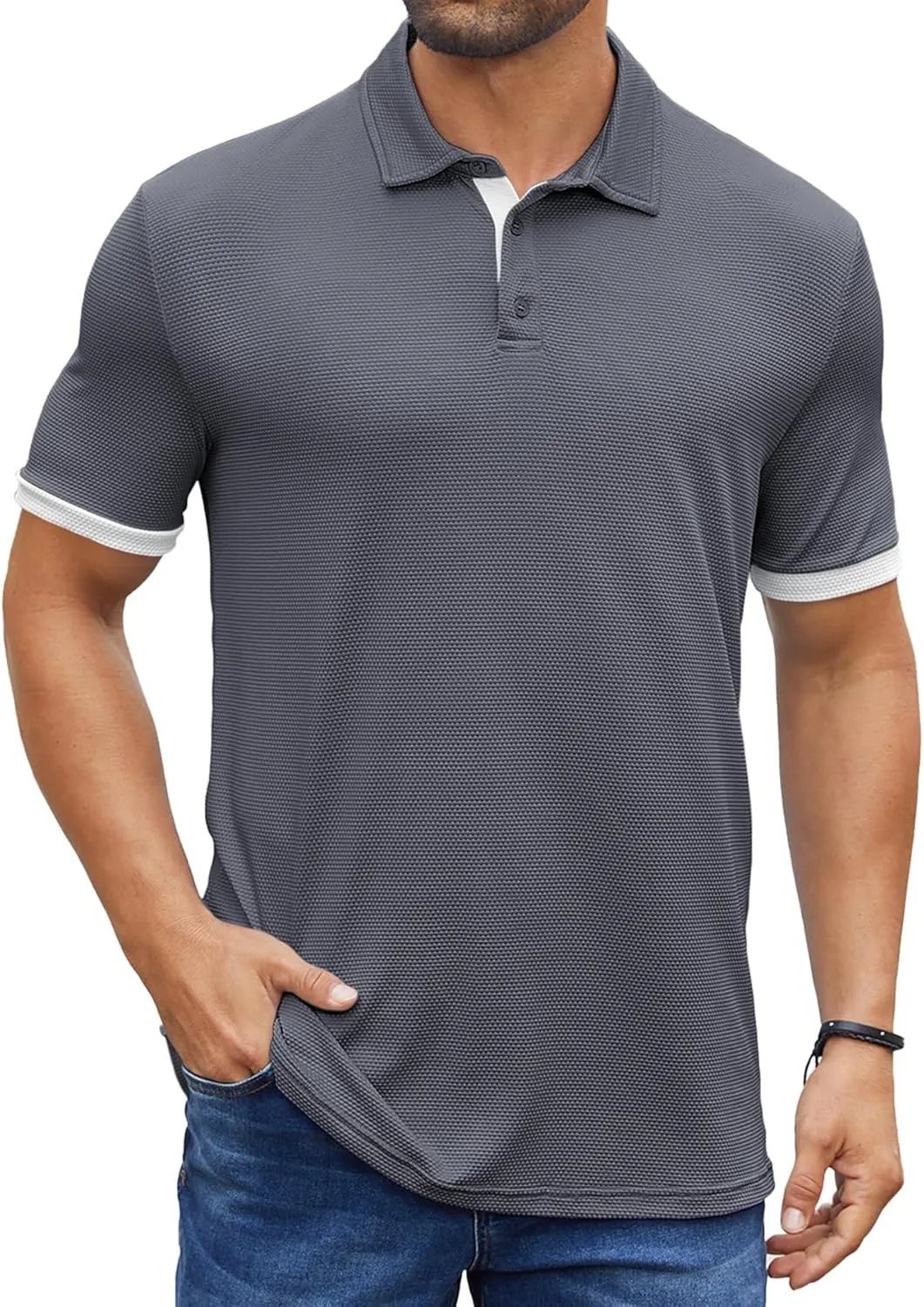 Hardaddy Men's Color Block Short Sleeve Polo Shirts Dry Fit Wrinkle Free Casual Lightweight Collared T-Shirts
