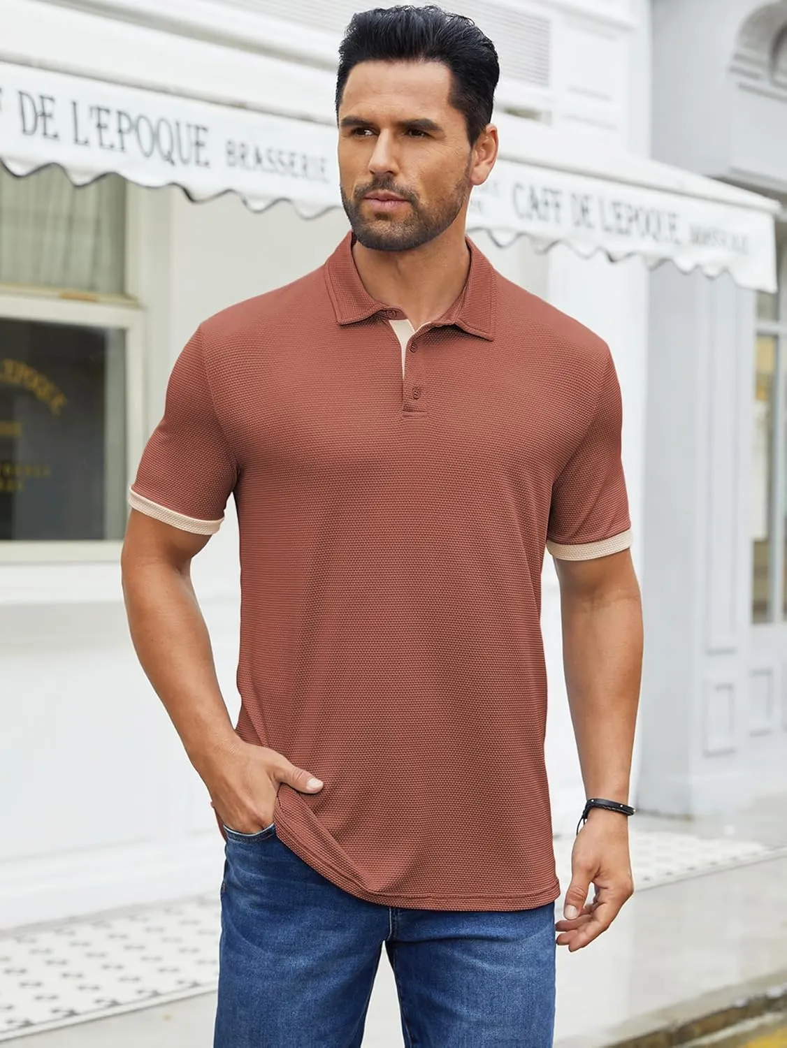 Hardaddy Men's Color Block Short Sleeve Polo Shirts Dry Fit Wrinkle Free Casual Lightweight Collared T-Shirts
