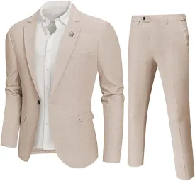 Hihawk Men 2 Piece Regular Fit Linen Suit, Casual Blazer Pants Set, Lightweight Jacket Trouser for Wedding Prom