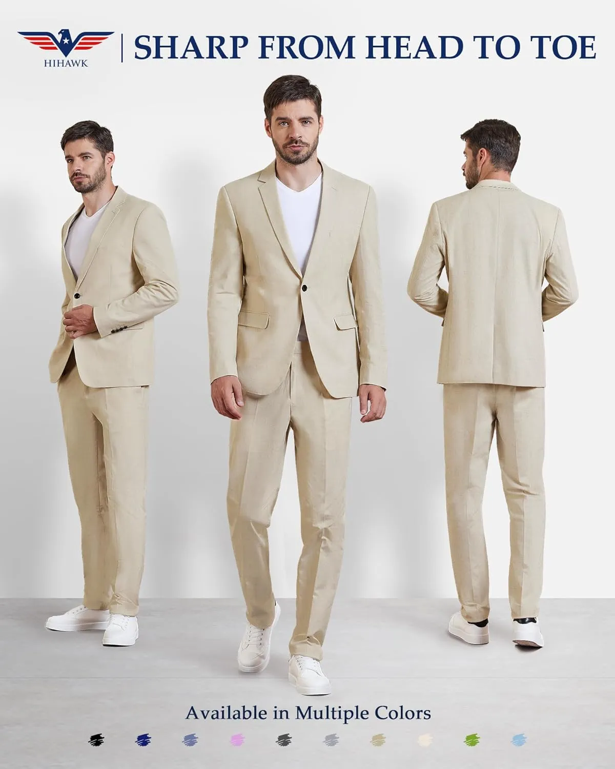 Hihawk Men 2 Piece Regular Fit Linen Suit, Casual Blazer Pants Set, Lightweight Jacket Trouser for Wedding Prom