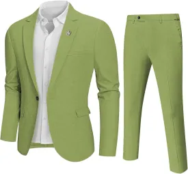 Hihawk Men 2 Piece Regular Fit Linen Suit, Casual Blazer Pants Set, Lightweight Jacket Trouser for Wedding Prom