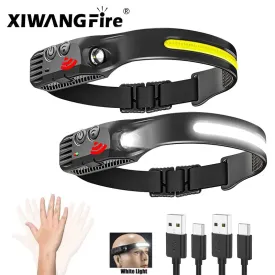 Led Sensor Headlamp USB Rechargable Head Flashlight 18650 Built-in Battery 5 Lighting Modes Head Torch Fishing Camping Lantern