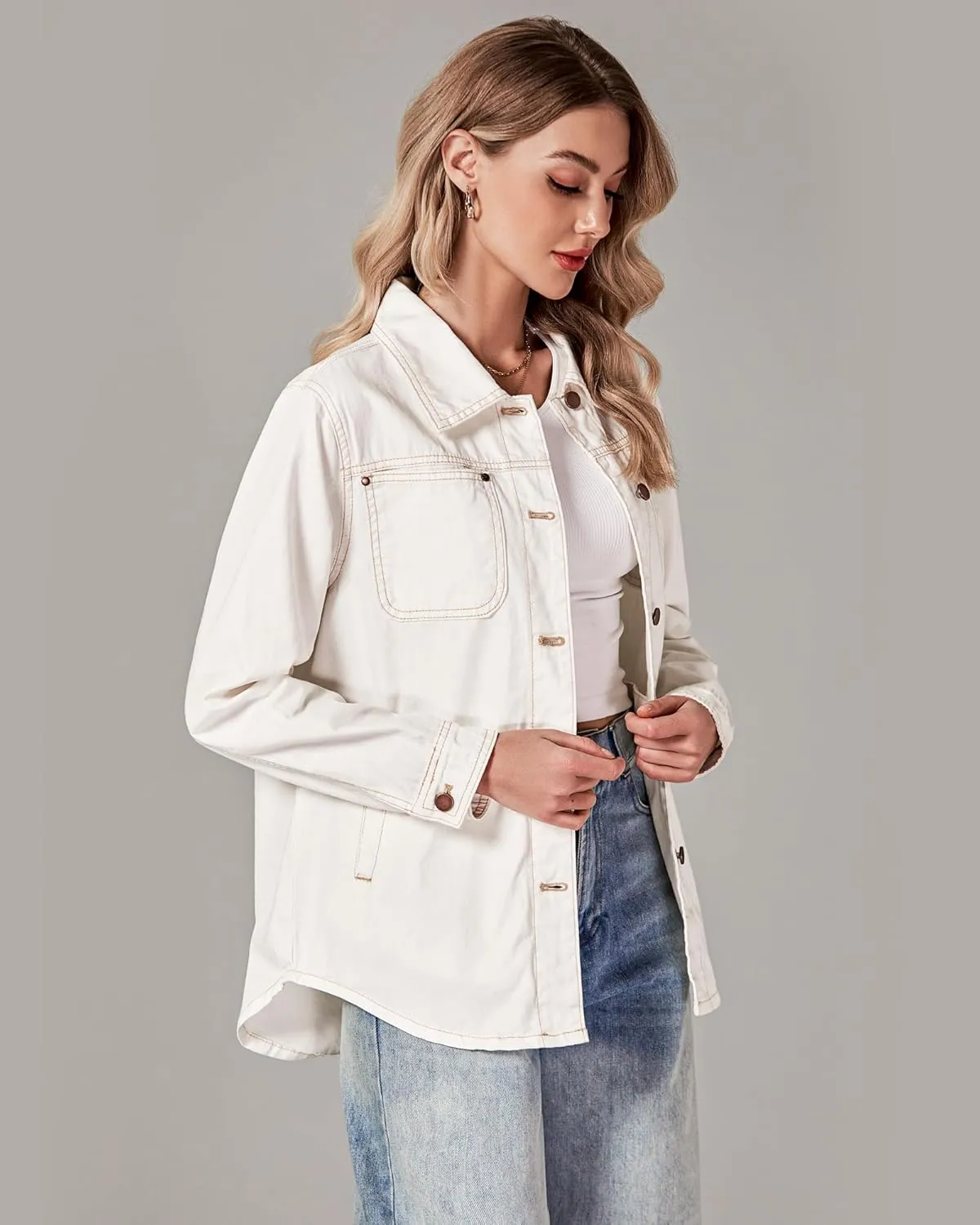luvamia Denim Jackets for Women Trendy Long Sleeve Button Down Shirt Jacket Jean Shacket with Pocket Western Work Jacket