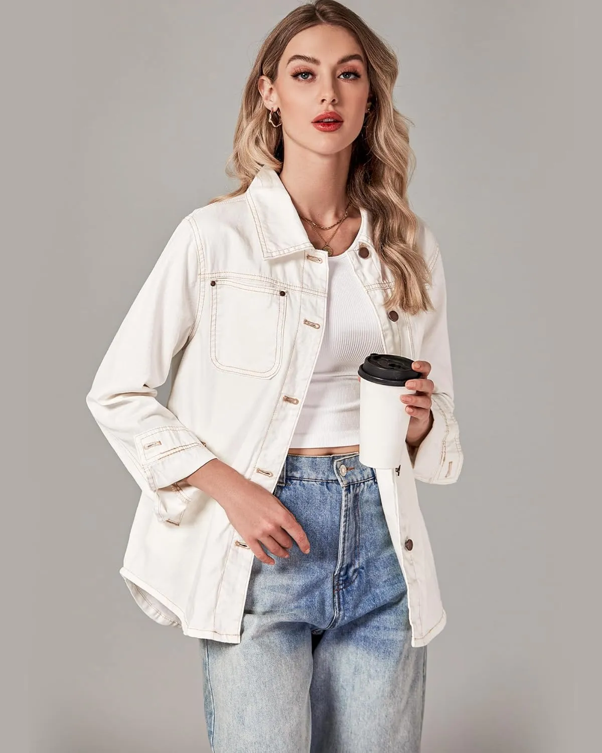 luvamia Denim Jackets for Women Trendy Long Sleeve Button Down Shirt Jacket Jean Shacket with Pocket Western Work Jacket