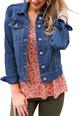 Vetinee Womens Stretch Button Down Long Sleeve Pockets Denim Jean Trucker Jacket